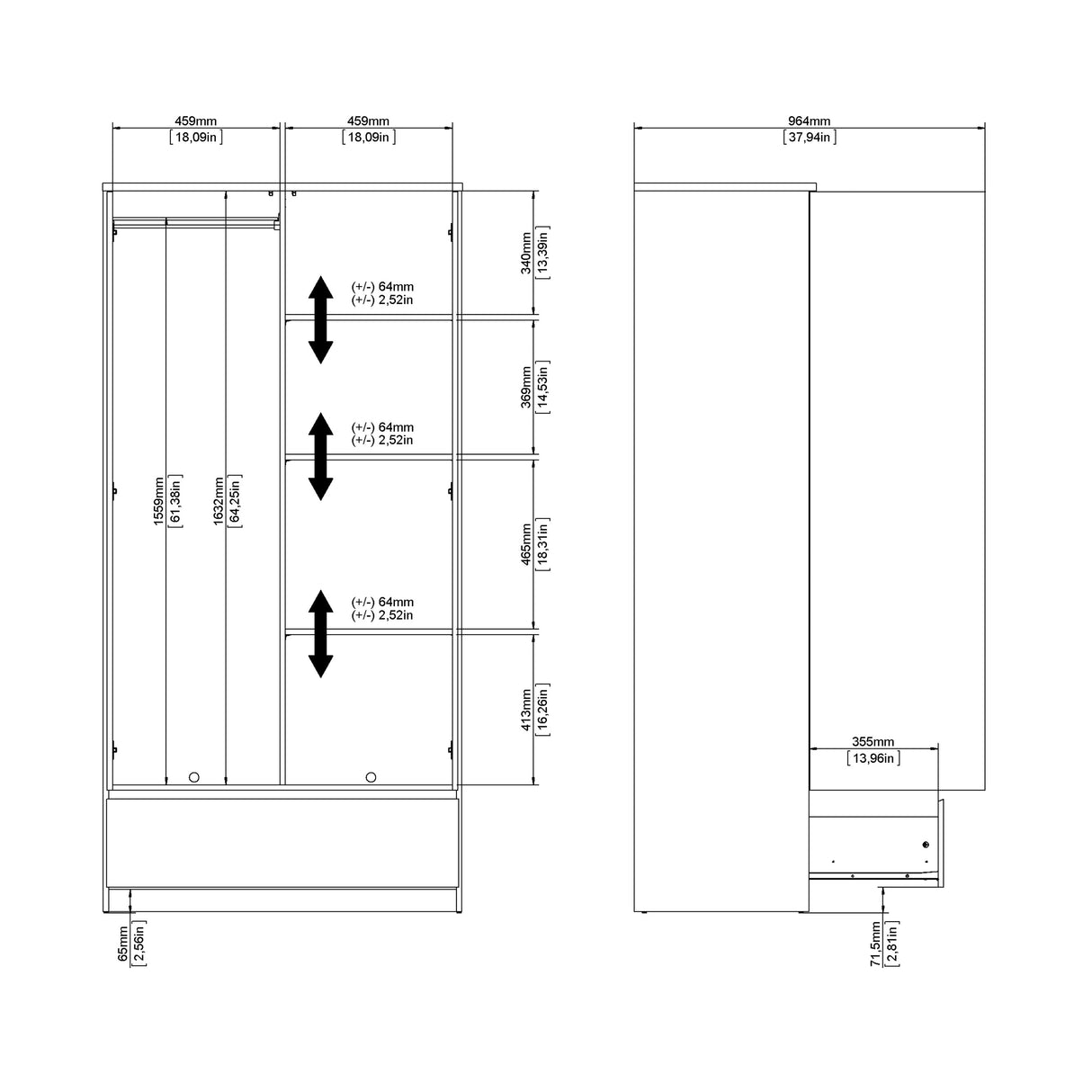 Naia Wardrobe with 2 doors + 1 drawer in White High Gloss