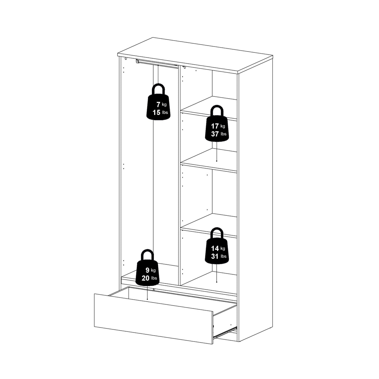 Naia Wardrobe with 2 doors + 1 drawer in White High Gloss