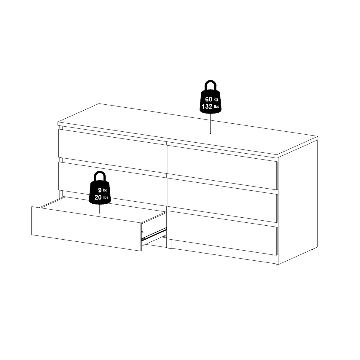 Naia Wide Chest of 6 Drawers (3+3) in Black Matt