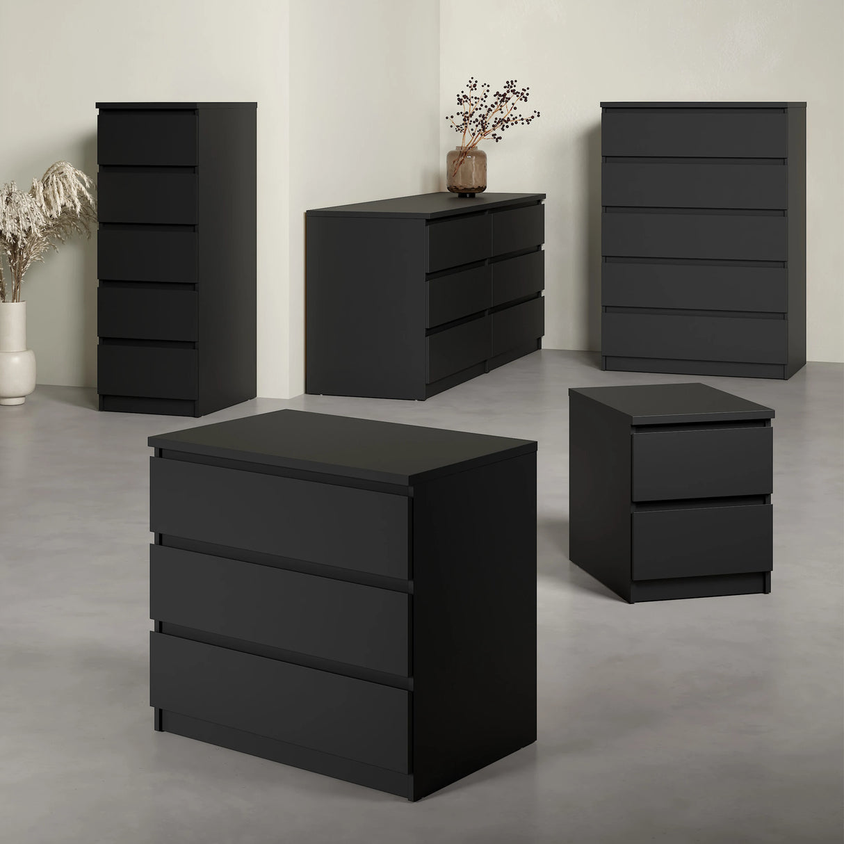 Naia Wide Chest of 6 Drawers (3+3) in Black Matt