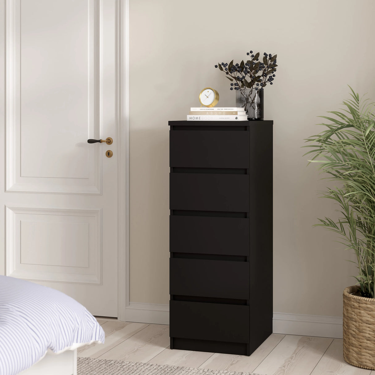 Naia Narrow Chest of 5 Drawers in Black Matt