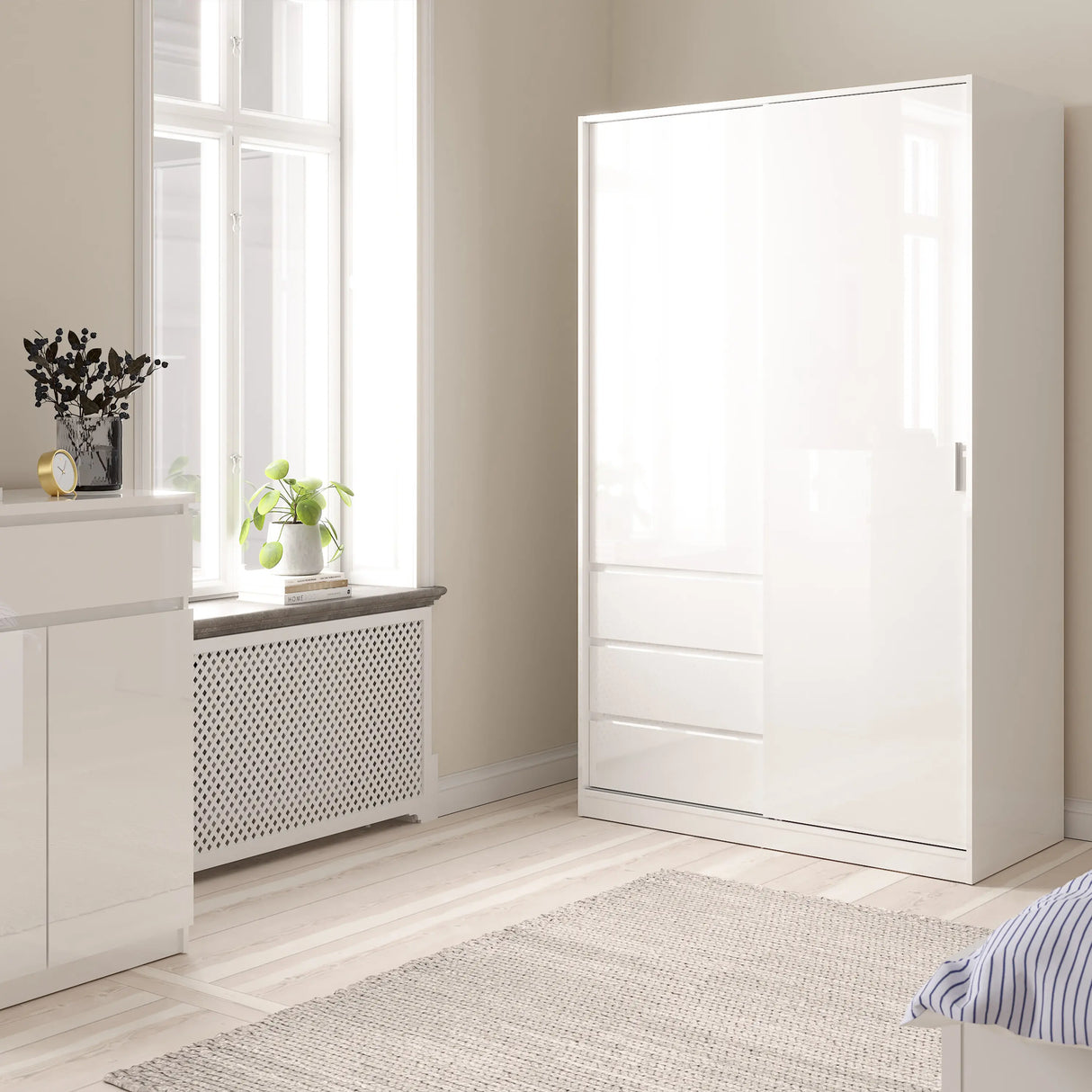 Naia Wardrobe with 1 Sliding Door and 1 Door + 3 Drawers in White