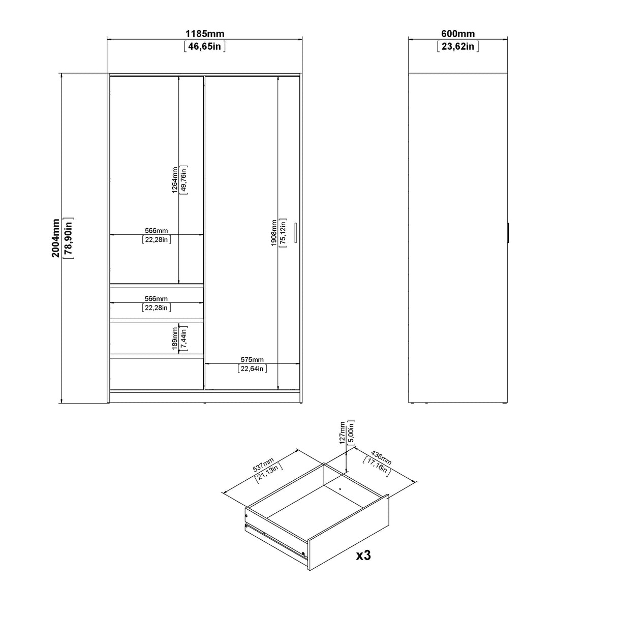 Naia Wardrobe with 1 Sliding door + 1 door + 3 drawers in White High Gloss