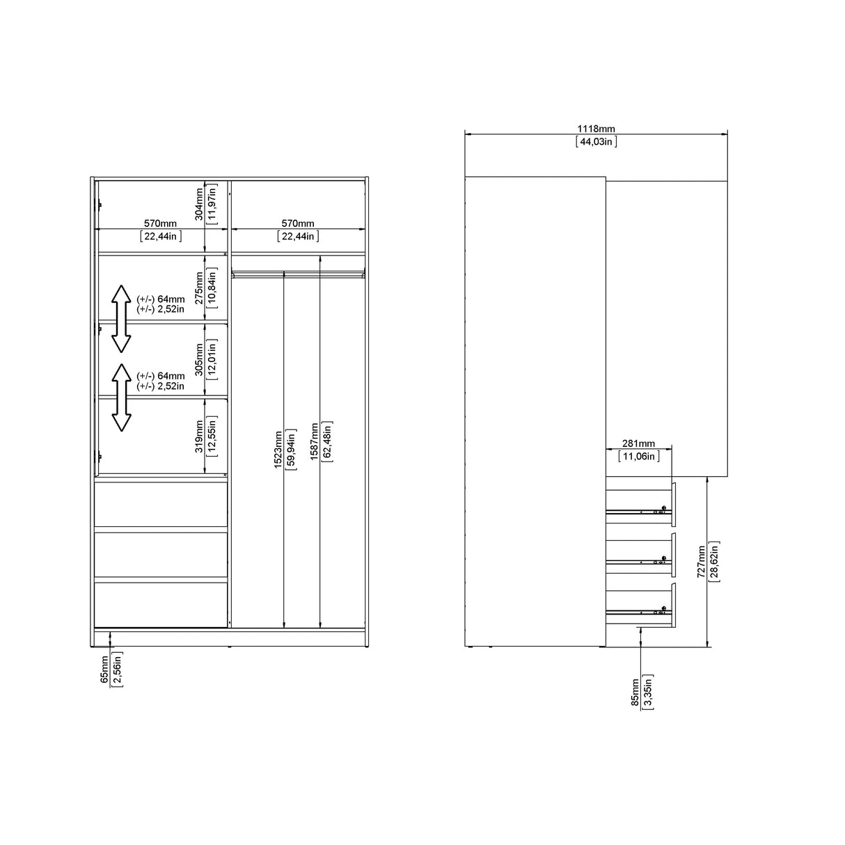 Naia Wardrobe with 1 Sliding door + 1 door + 3 drawers in White High Gloss