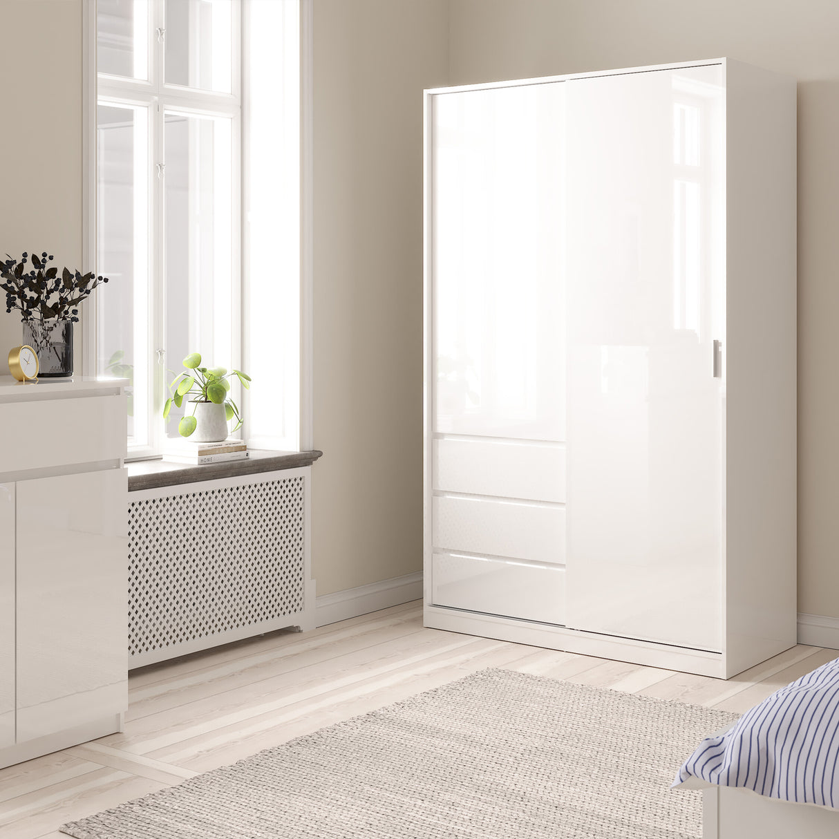 Naia Wardrobe with 1 Sliding door + 1 door + 3 drawers in White High Gloss