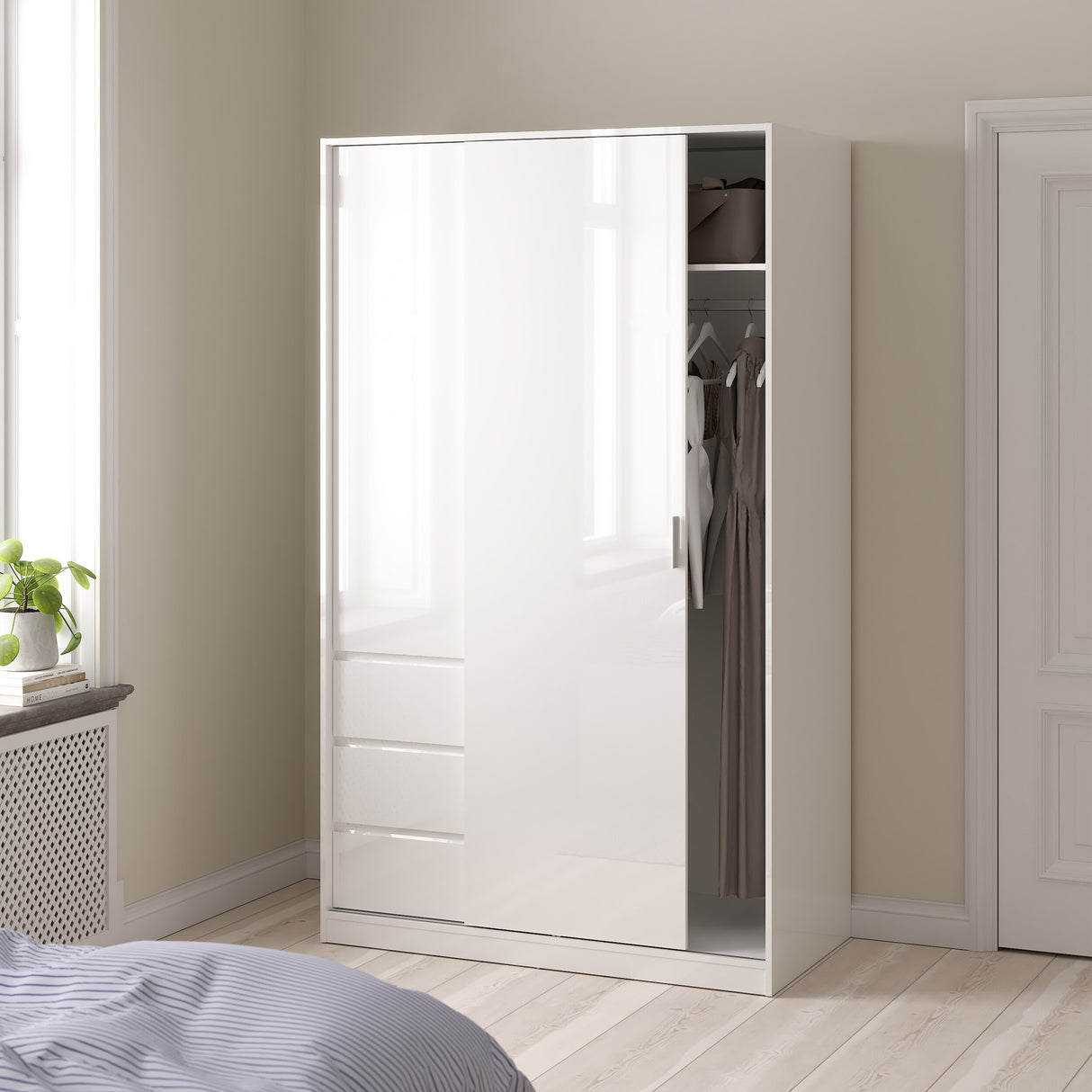 Naia Wardrobe with 1 Sliding door + 1 door + 3 drawers in White High Gloss