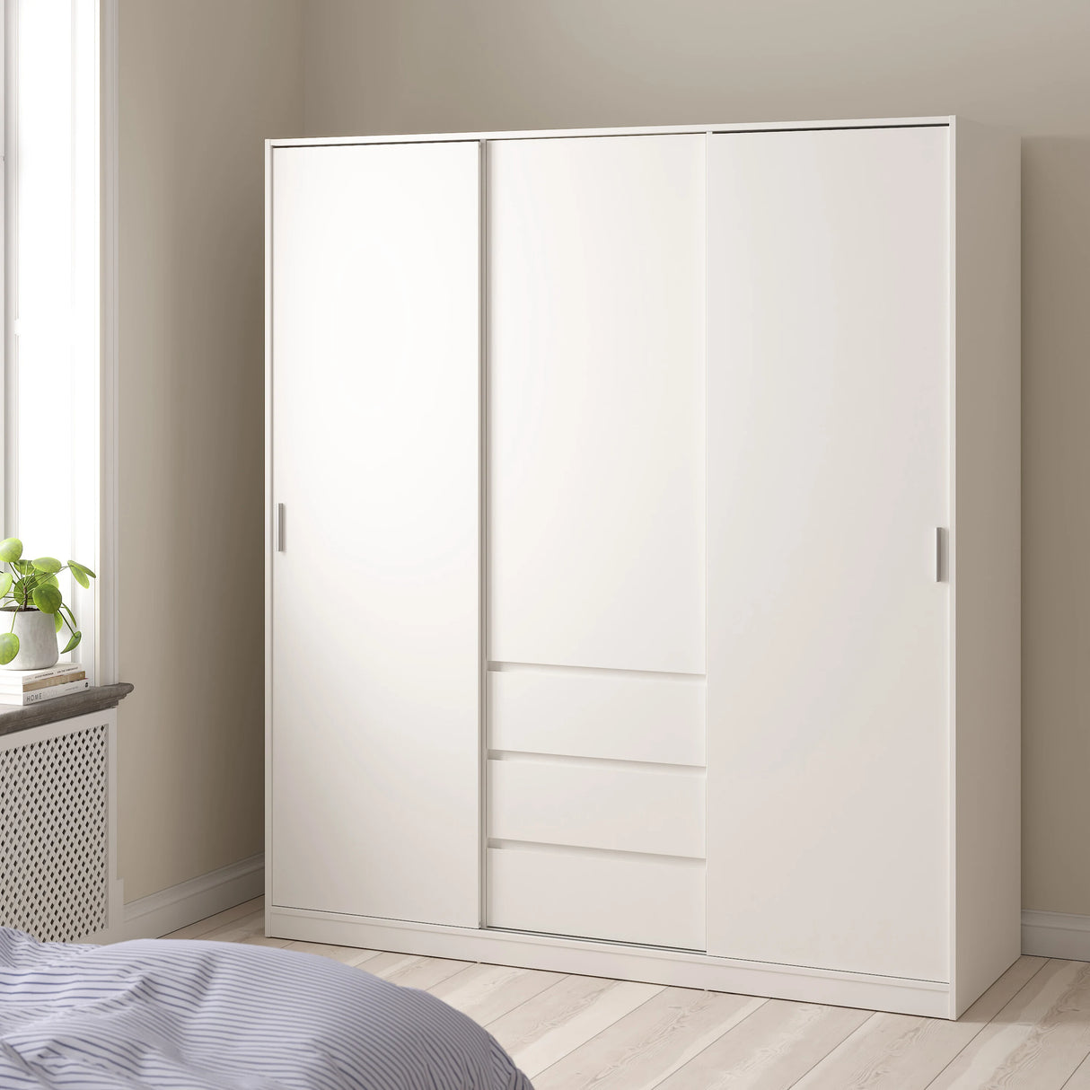 Naia Wardrobe with 2 Sliding Doors + 1 Door + 3 Drawers in White