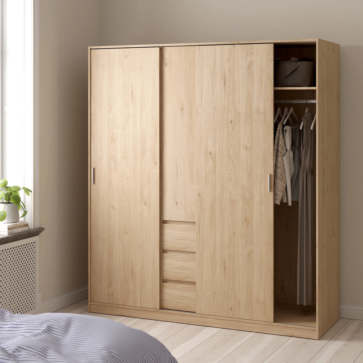 Naia Wardrobe with 2 Sliding Doors 1 Door 3 Drawers in Jackson Hickory Oak