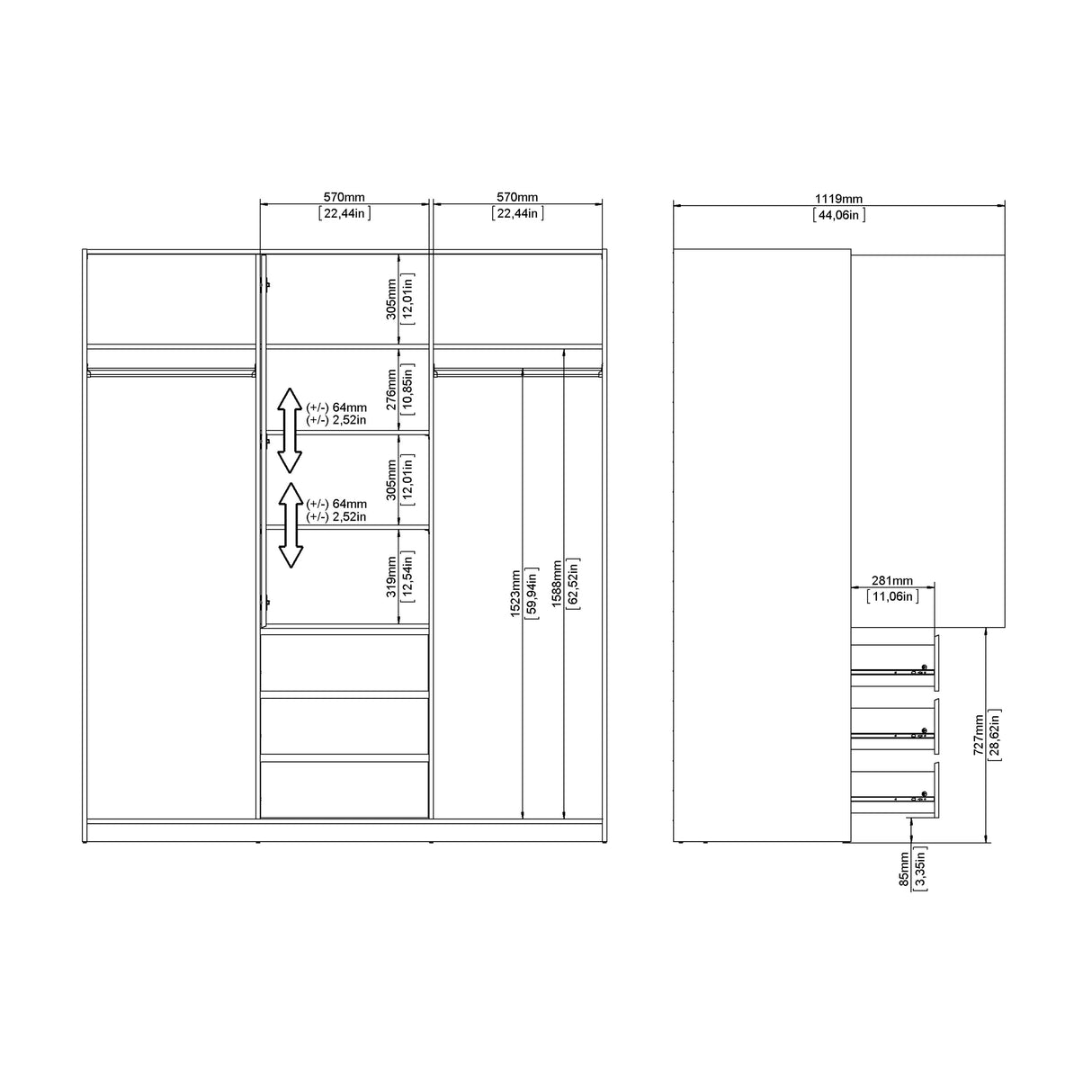 Naia Wardrobe with 2 sliding doors + 1 door + 3 drawers in White High Gloss