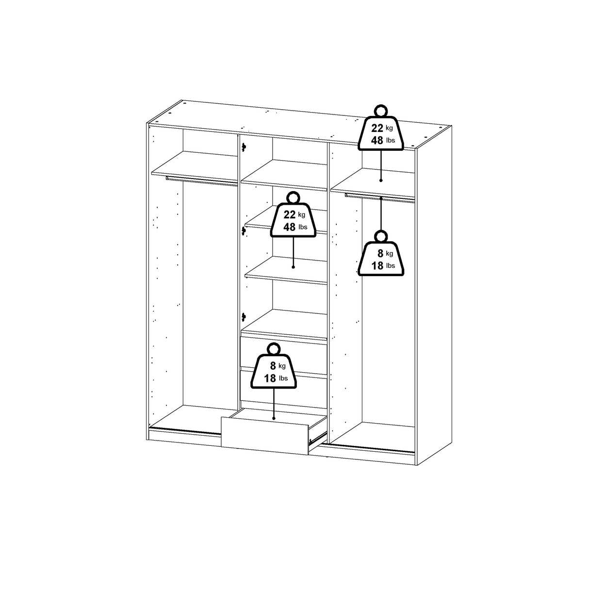 Naia Wardrobe with 2 sliding doors + 1 door + 3 drawers in White High Gloss