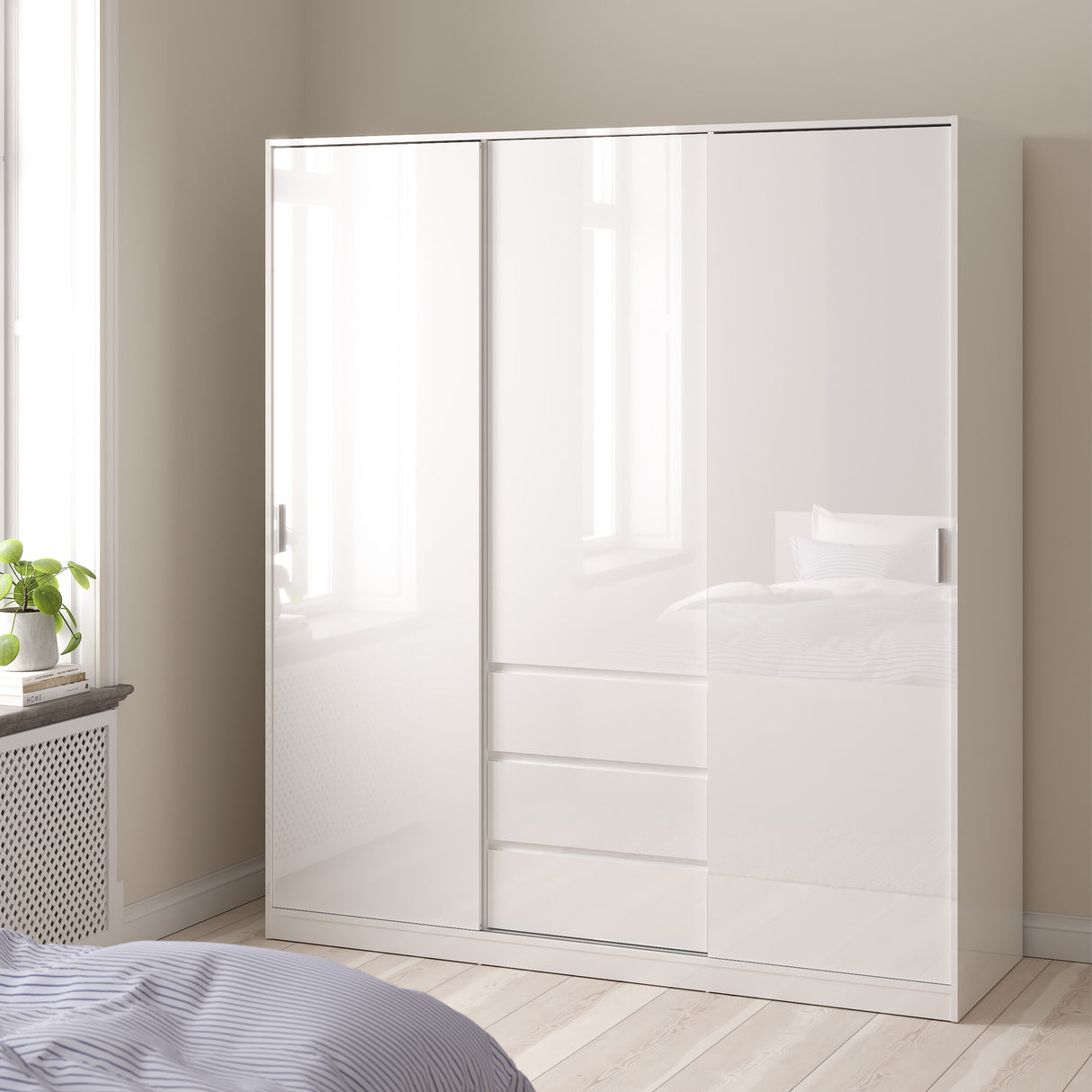 Naia Wardrobe with 2 sliding doors + 1 door + 3 drawers in White High Gloss