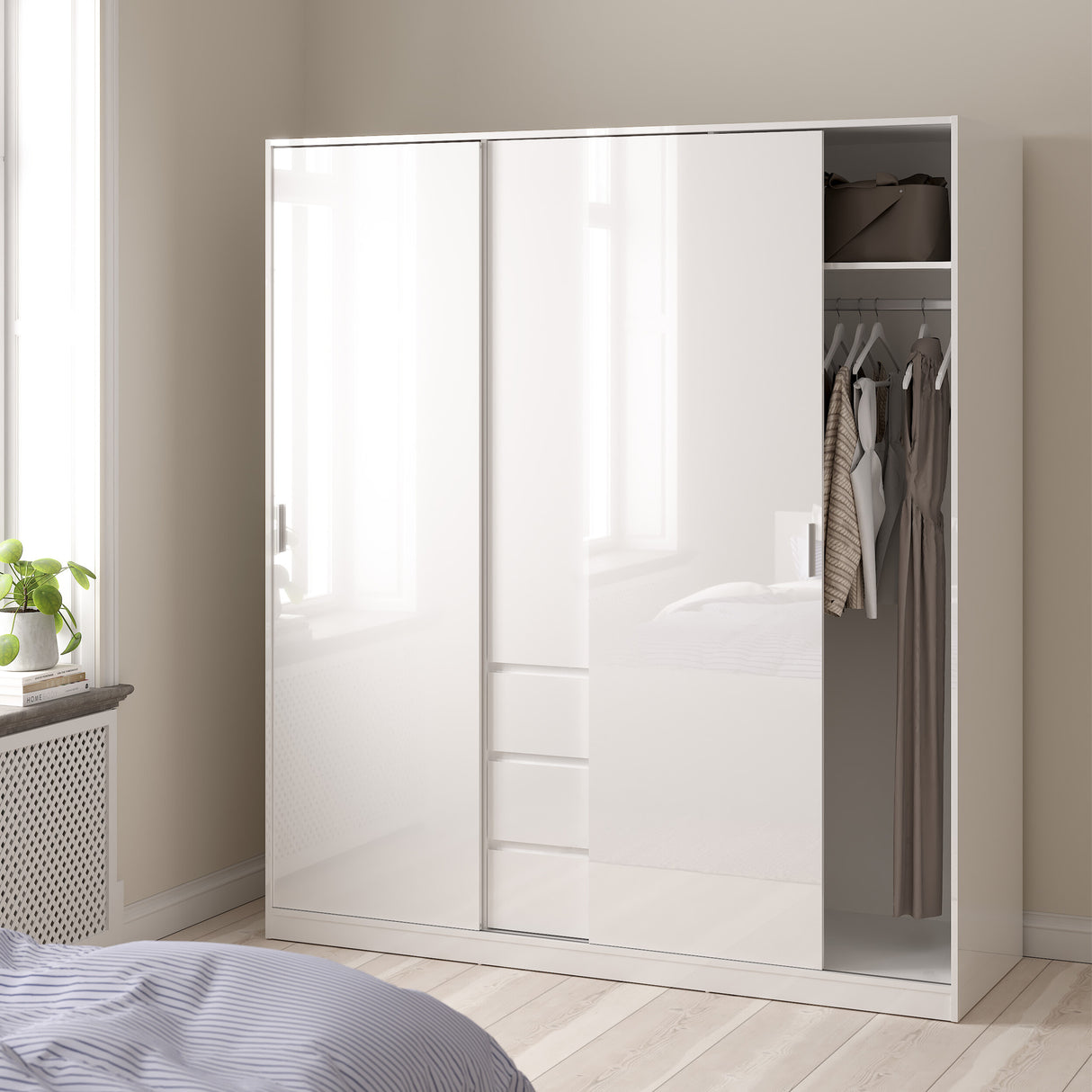 Naia Wardrobe with 2 sliding doors + 1 door + 3 drawers in White High Gloss