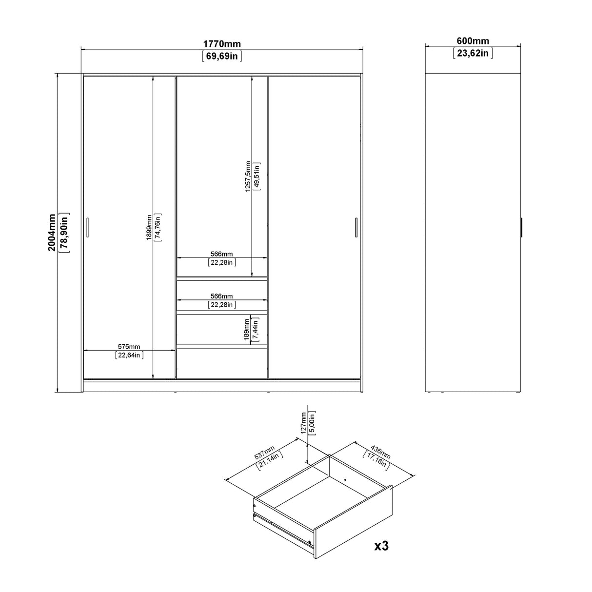 Naia Wardrobe with 2 sliding doors + 1 door + 3 drawers in White High Gloss