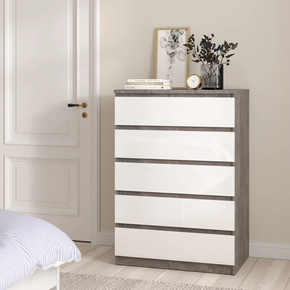 Naia Chest of 5 Drawers in Concrete and White High Gloss