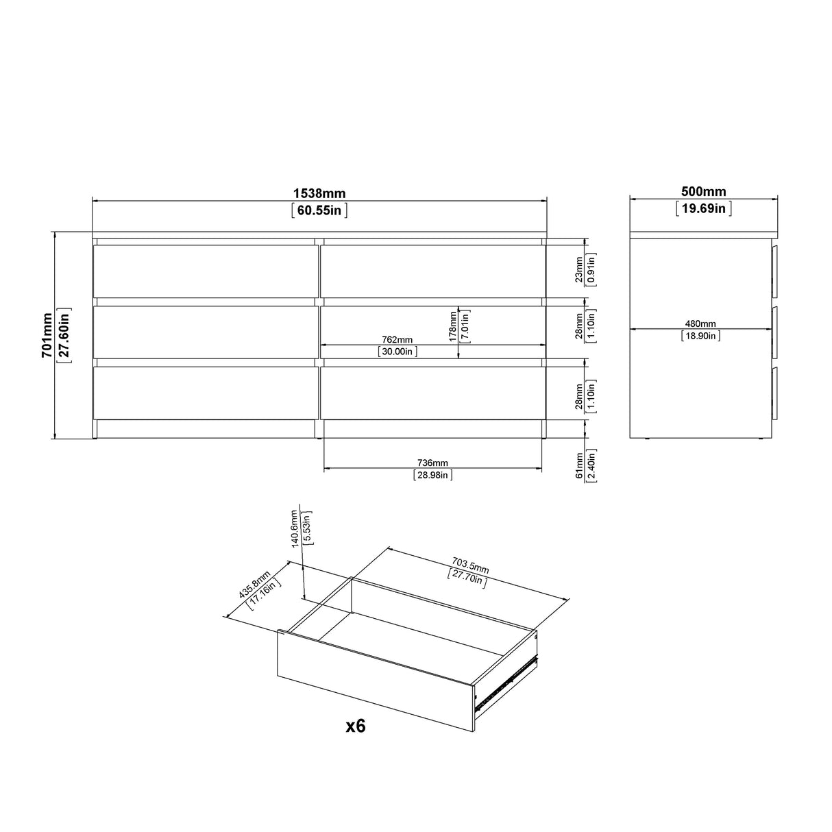 Naia Wide Chest of 6 Drawers (3+3) in Jackson Hickory Oak