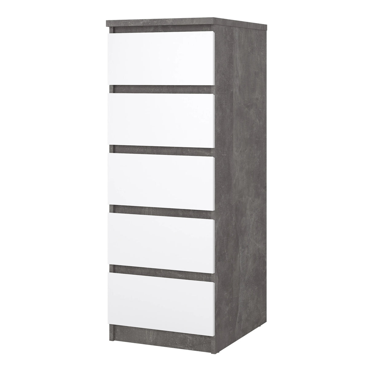 Naia Narrow Chest of 5 Drawers in Concrete and White High Gloss