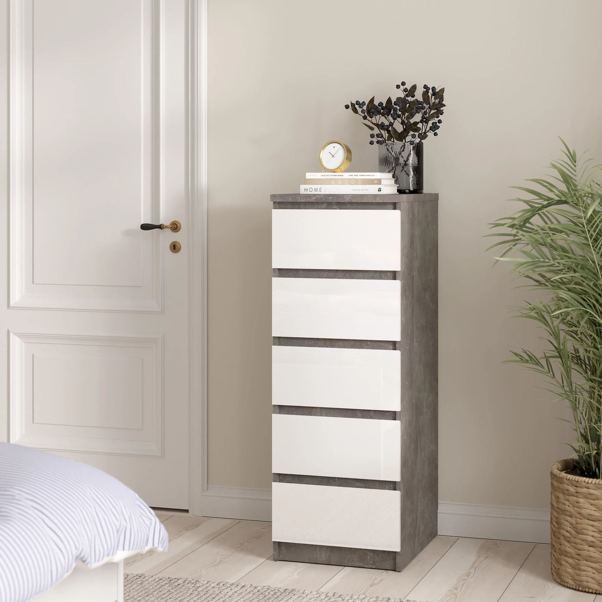 Naia Narrow Chest of 5 Drawers in Concrete and White High Gloss