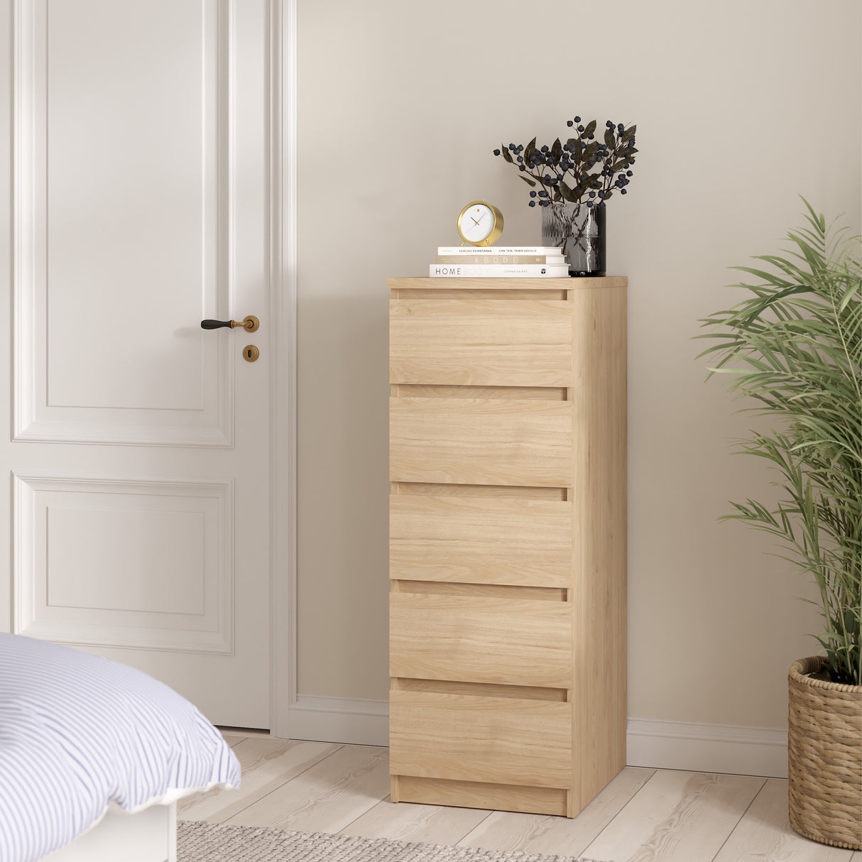 Naia Narrow Chest of 5 Drawers in Jackson Hickory Oak