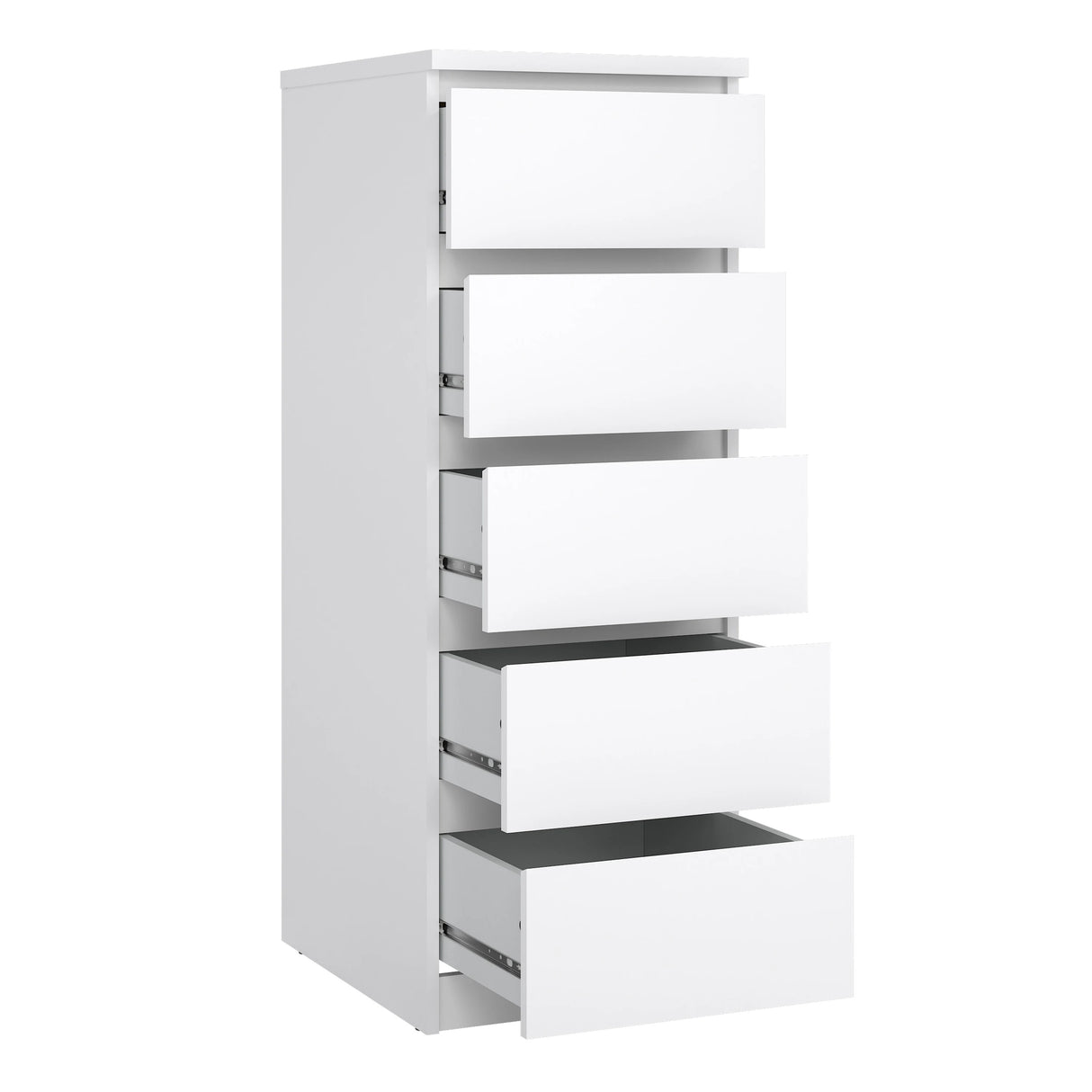 Naia Narrow Chest of 5 Drawers in White High Gloss
