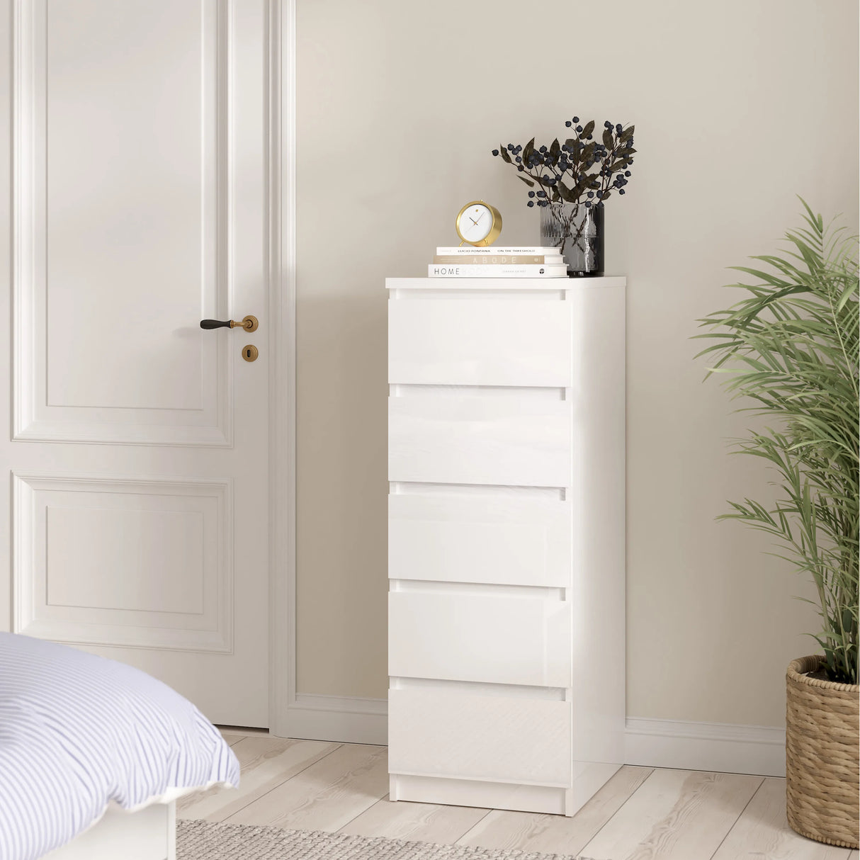 Naia Narrow Chest of 5 Drawers in White High Gloss
