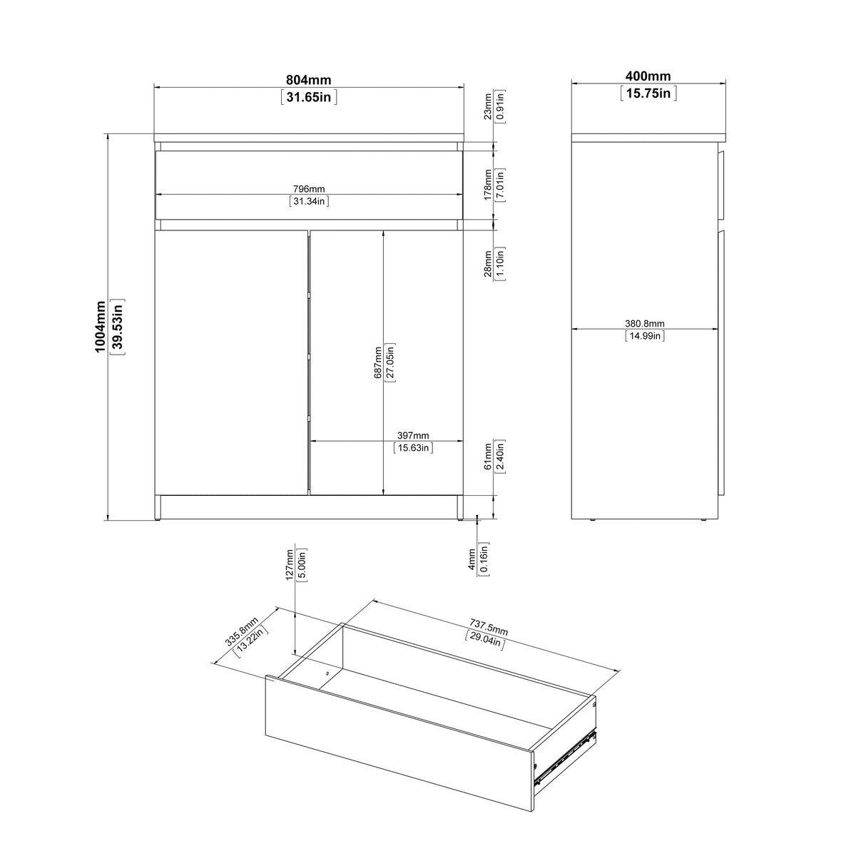 Naia Sideboard - 1 Drawer 2 Doors in White High Gloss