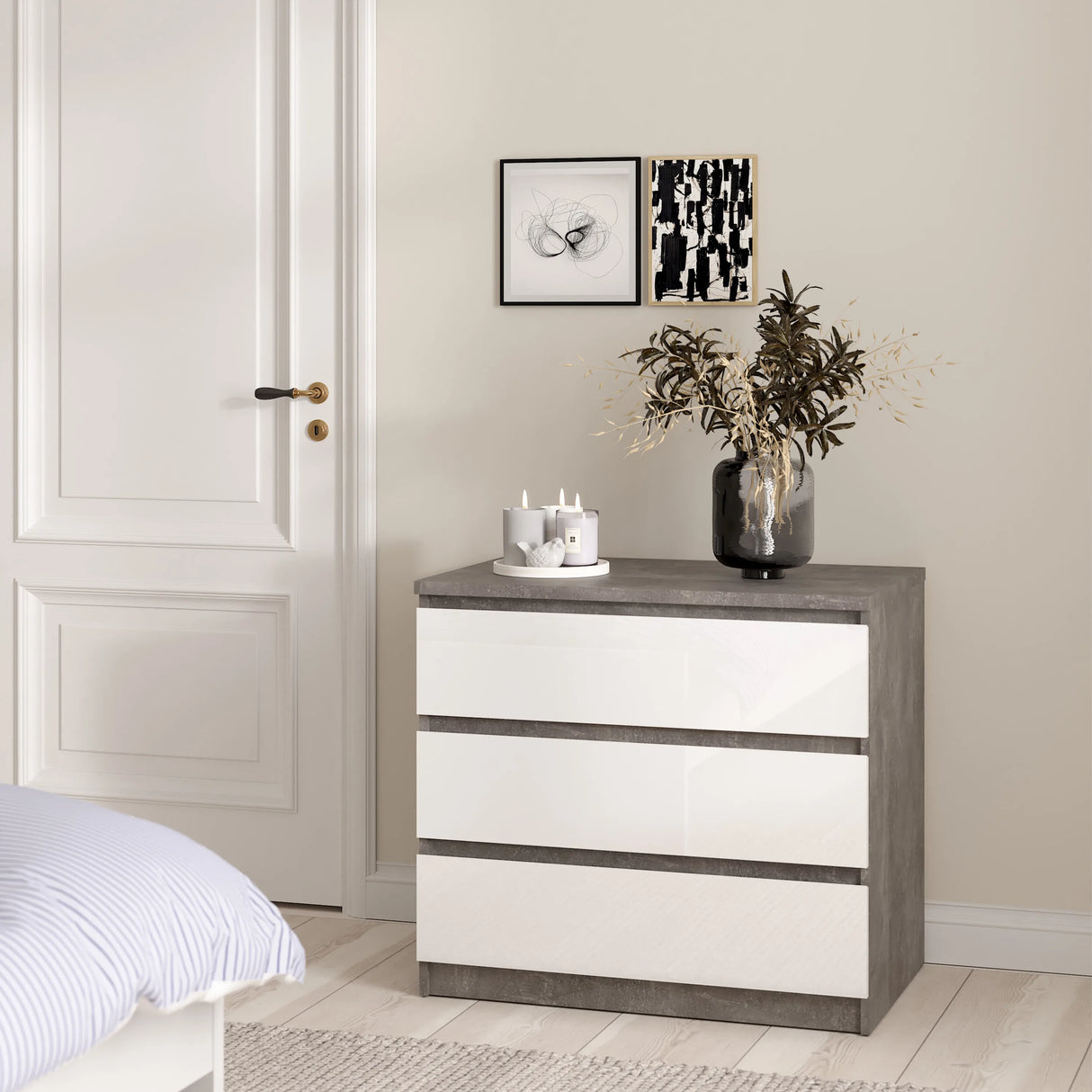 Naia Chest of 3 Drawers in Concrete and White High Gloss