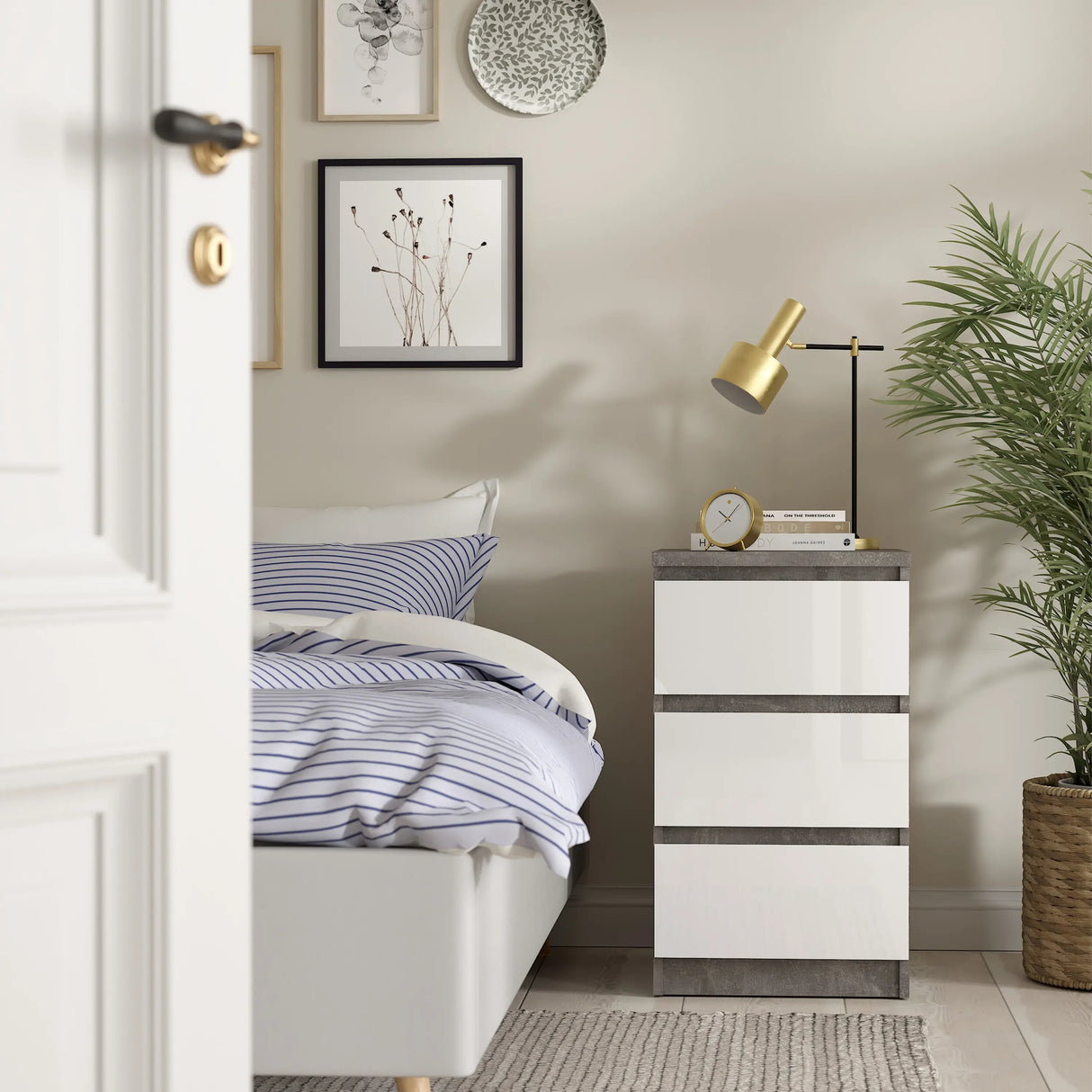 Naia Bedside 3 Drawers in Concrete and White High Gloss