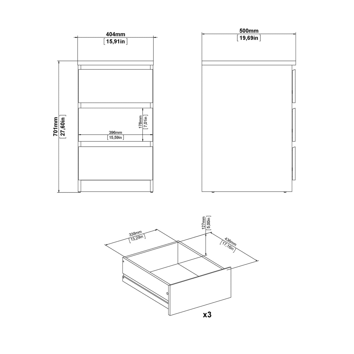 Naia Bedside 3 Drawers in White High Gloss