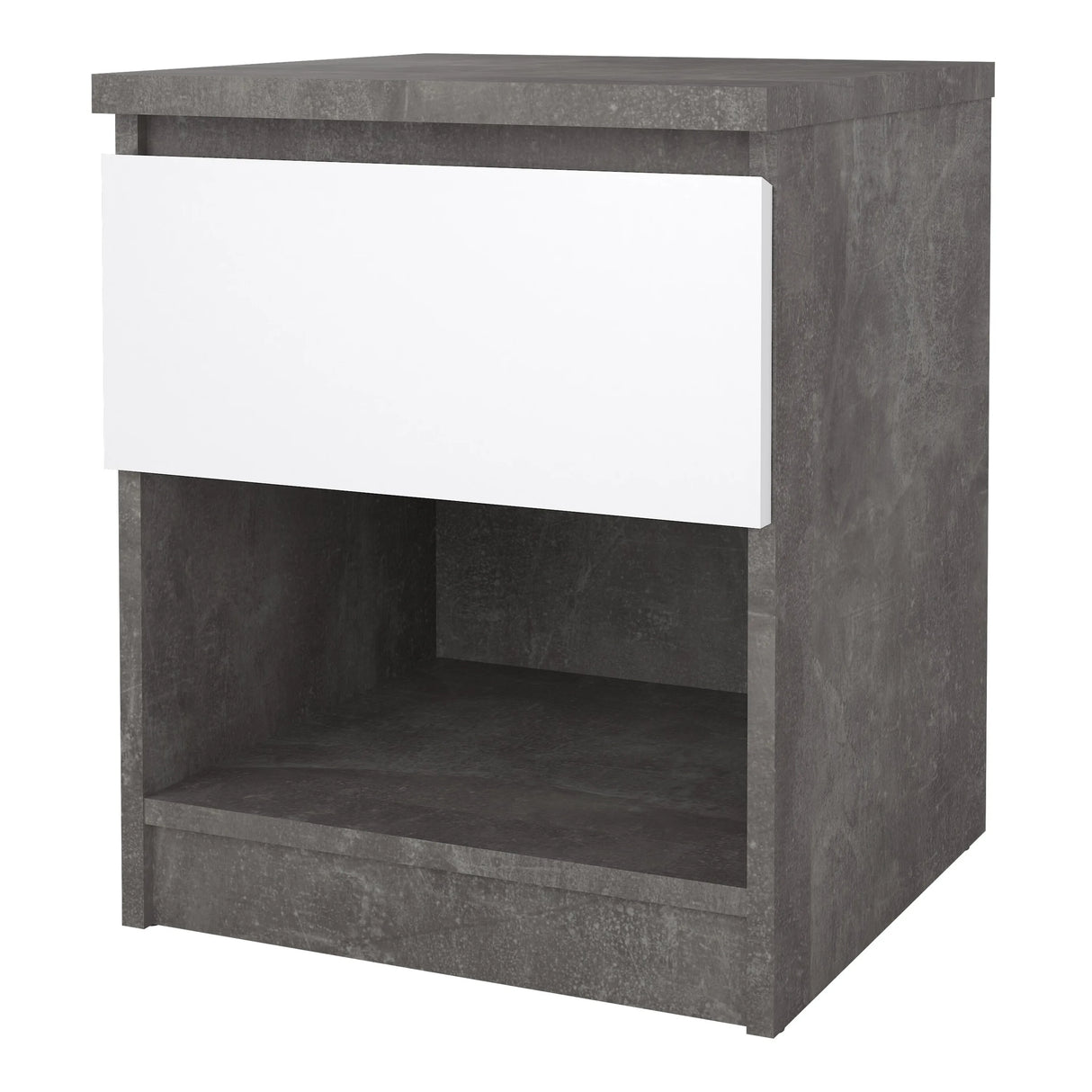 Naia Bedside 1 Drawer 1 Shelf in Concrete and White High Gloss