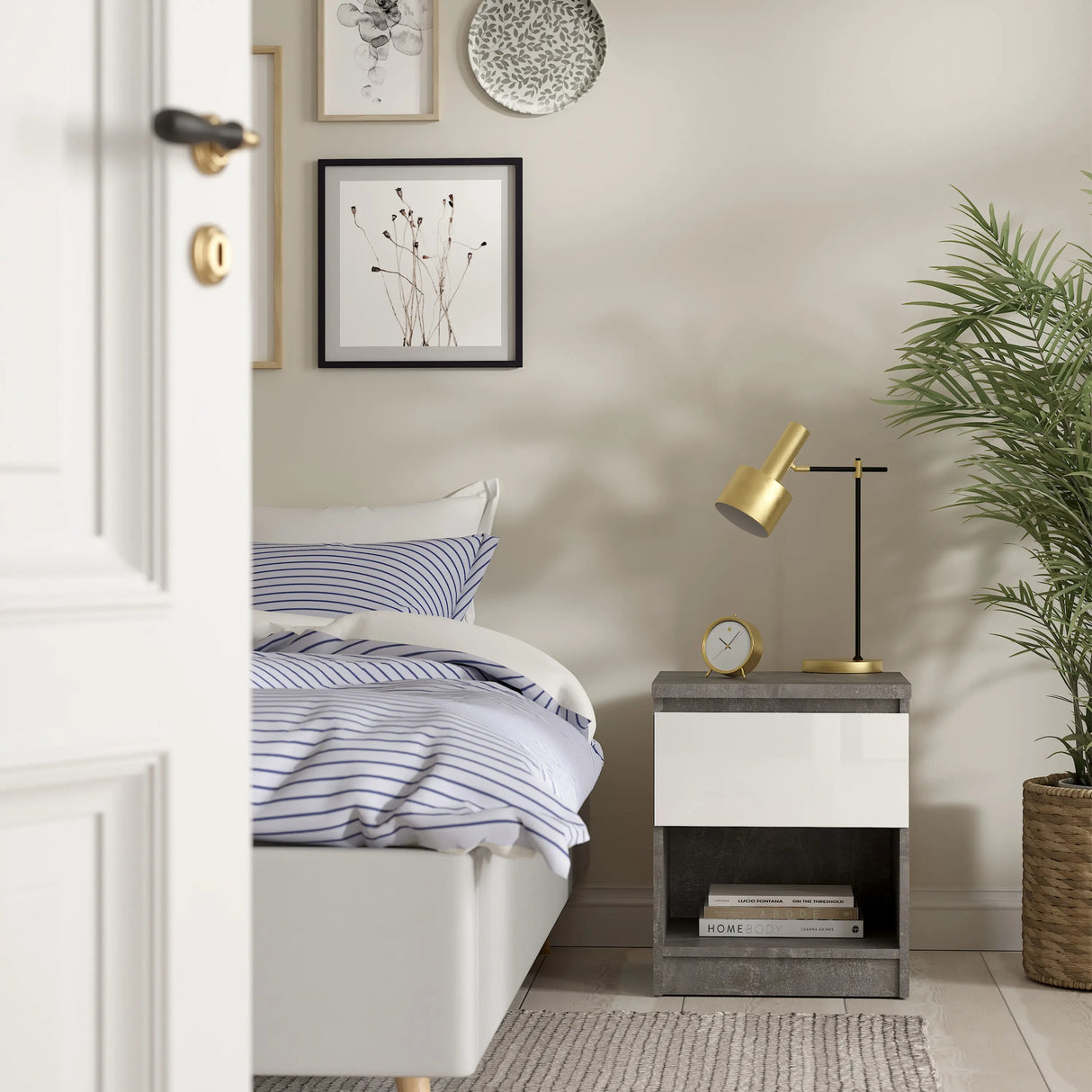 Naia Bedside 1 Drawer 1 Shelf in Concrete and White High Gloss