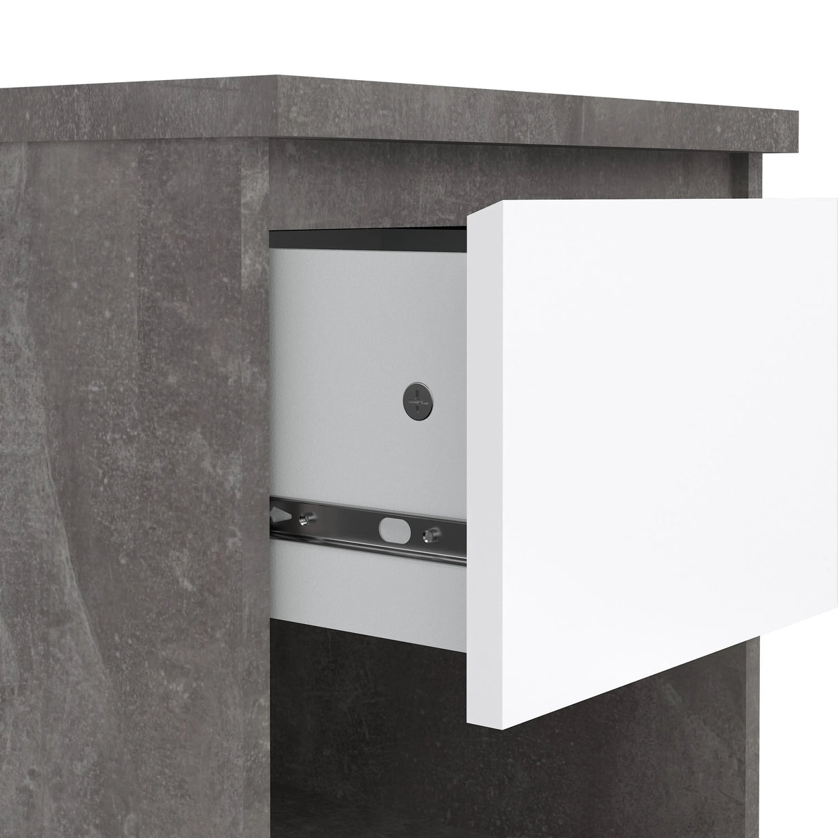 Naia Bedside 1 Drawer 1 Shelf in Concrete and White High Gloss