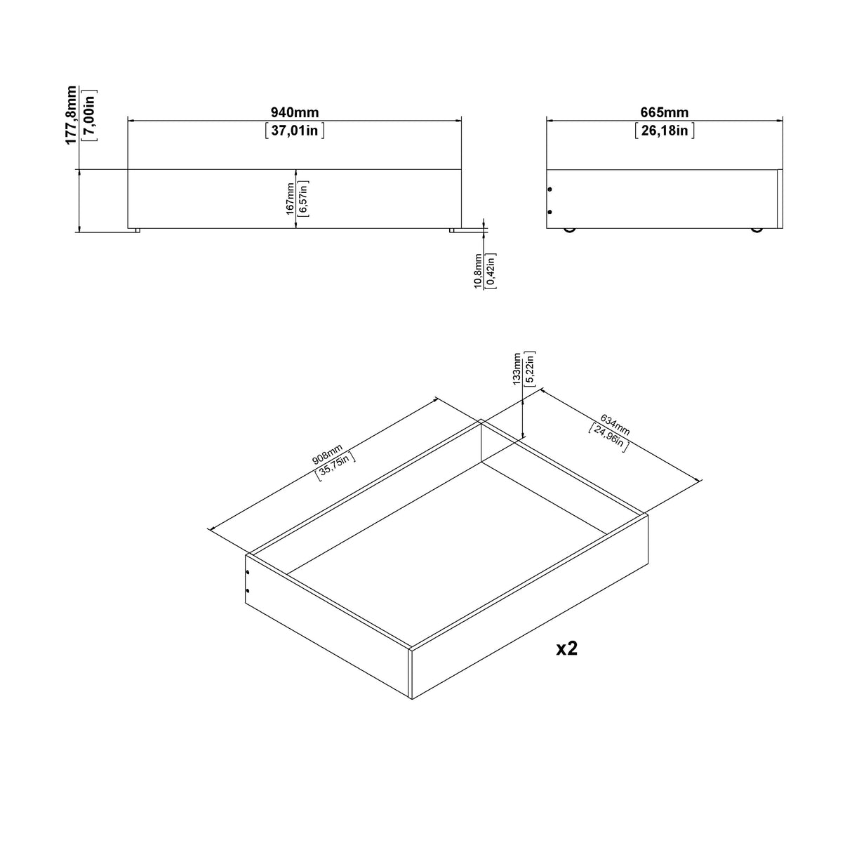 Naia Set of 2 Underbed Drawers (for Single or Double Beds) in White High Gloss