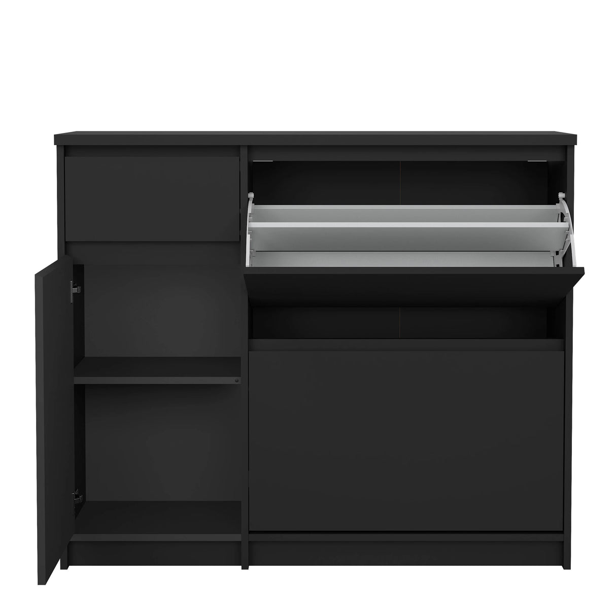 Naia Shoe Cabinet with 2 Flip Down Doors 1 Door and 1 Drawer in Black Matt