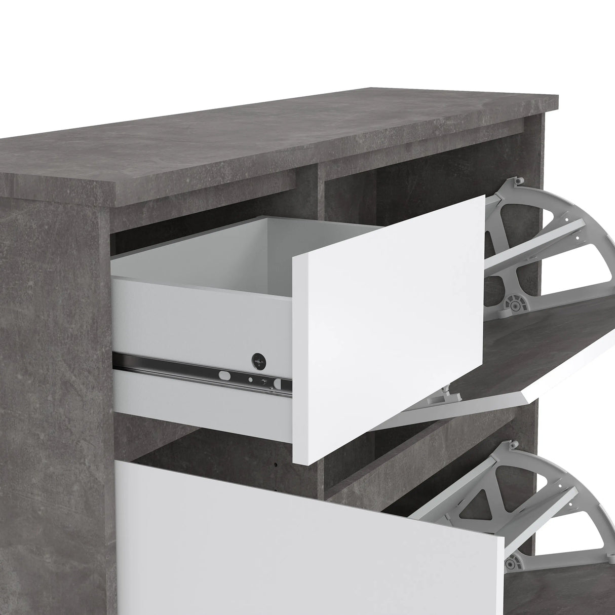 Naia Shoe Cabinet with 2 Flip Down Doors 1 Door and 1 Drawer in Concrete and White High Gloss