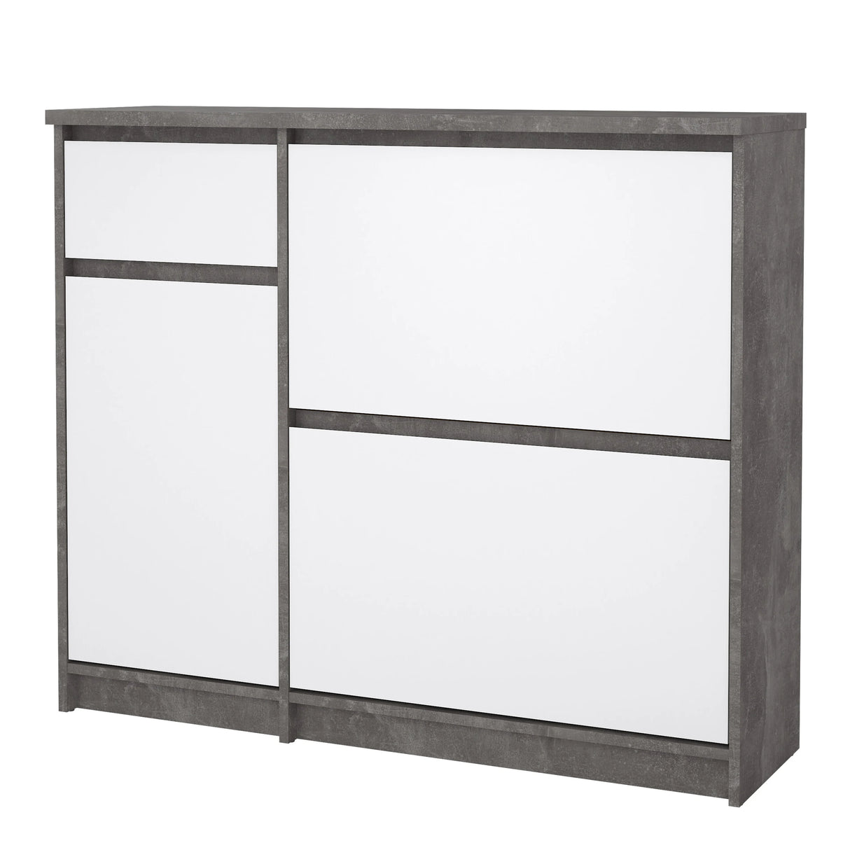 Naia Shoe Cabinet with 2 Flip Down Doors 1 Door and 1 Drawer in Concrete and White High Gloss