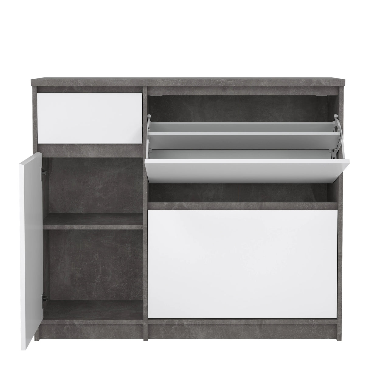 Naia Shoe Cabinet with 2 Flip Down Doors 1 Door and 1 Drawer in Concrete and White High Gloss