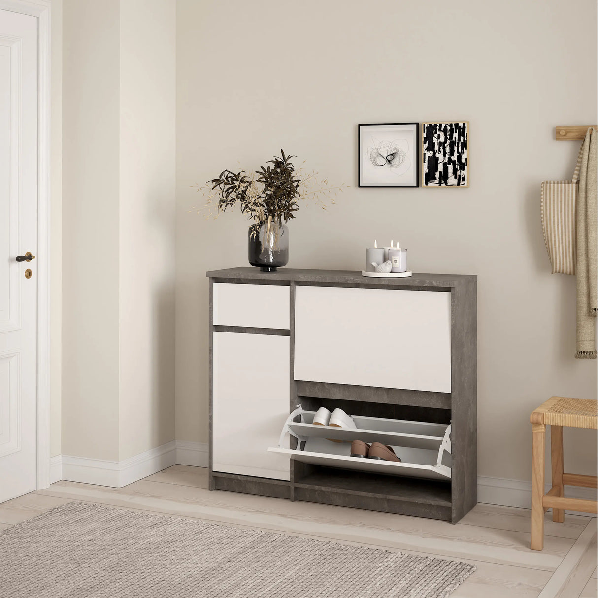 Naia Shoe Cabinet with 2 Flip Down Doors 1 Door and 1 Drawer in Concrete and White High Gloss