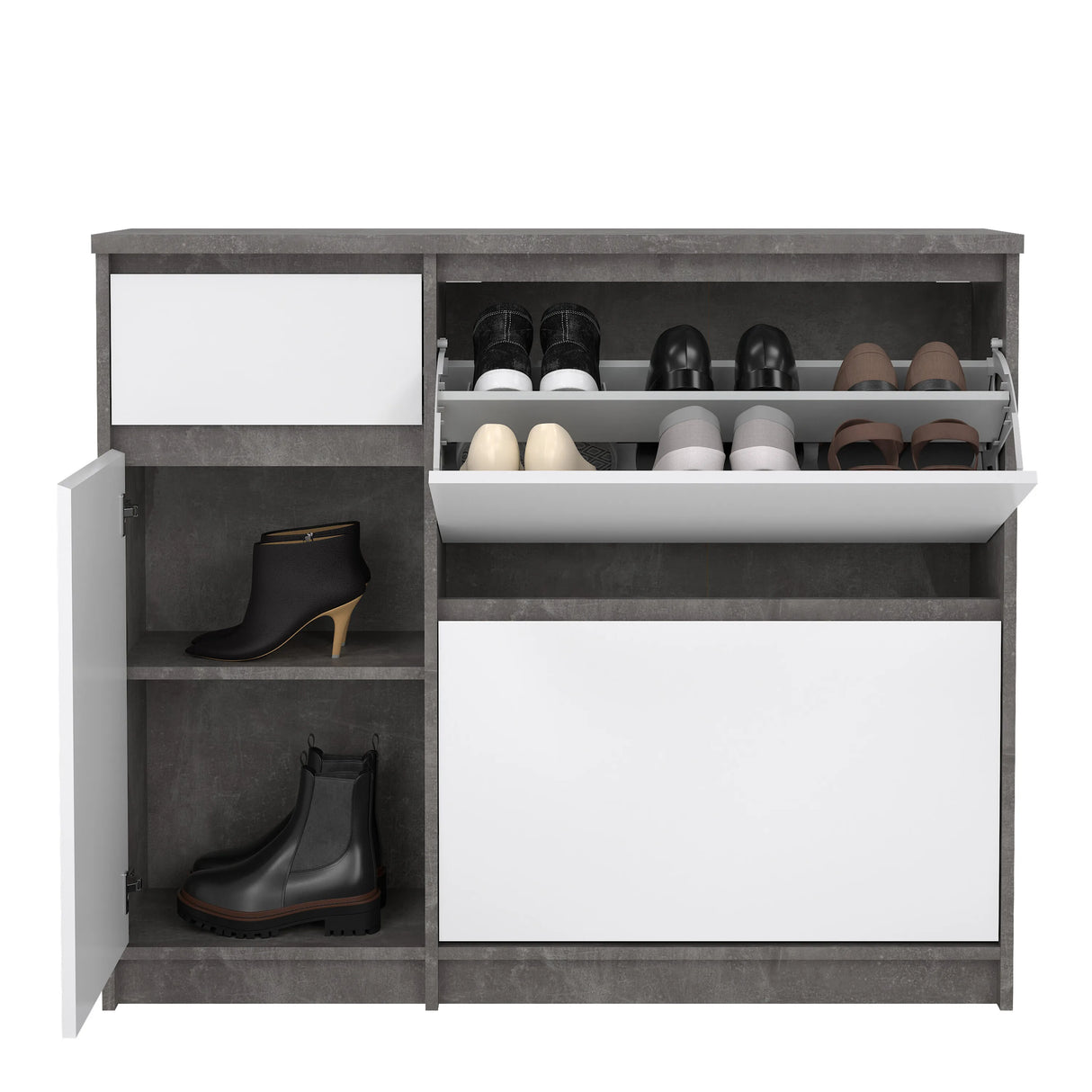 Naia Shoe Cabinet with 2 Flip Down Doors 1 Door and 1 Drawer in Concrete and White High Gloss
