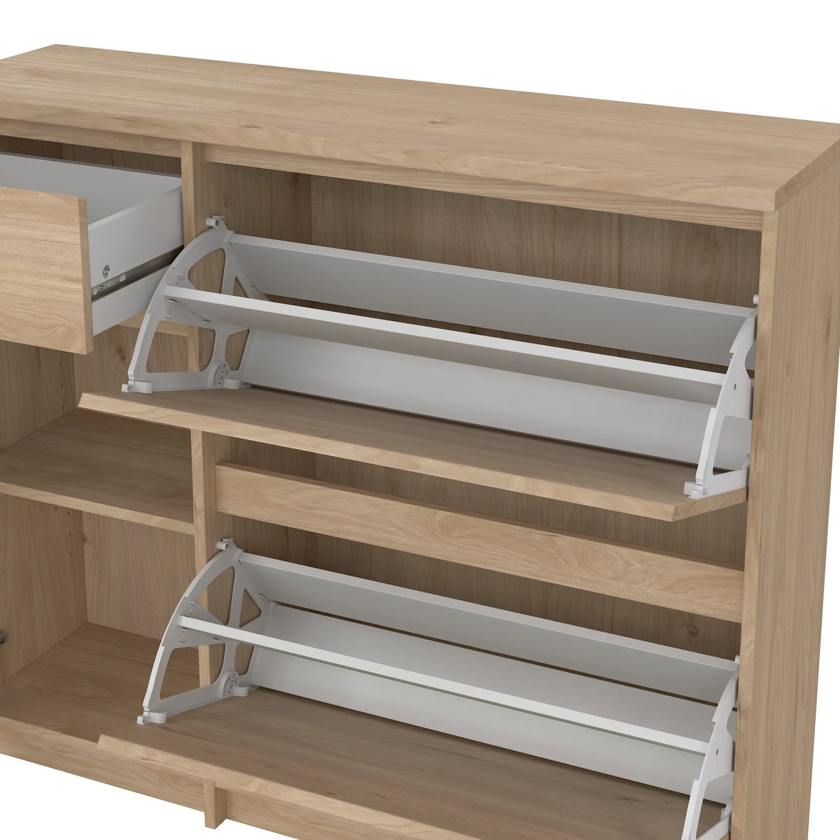 Naia Shoe Cabinet with 2 Flip Down Doors 1 Door and 1 Drawer in Jackson Hickory Oak