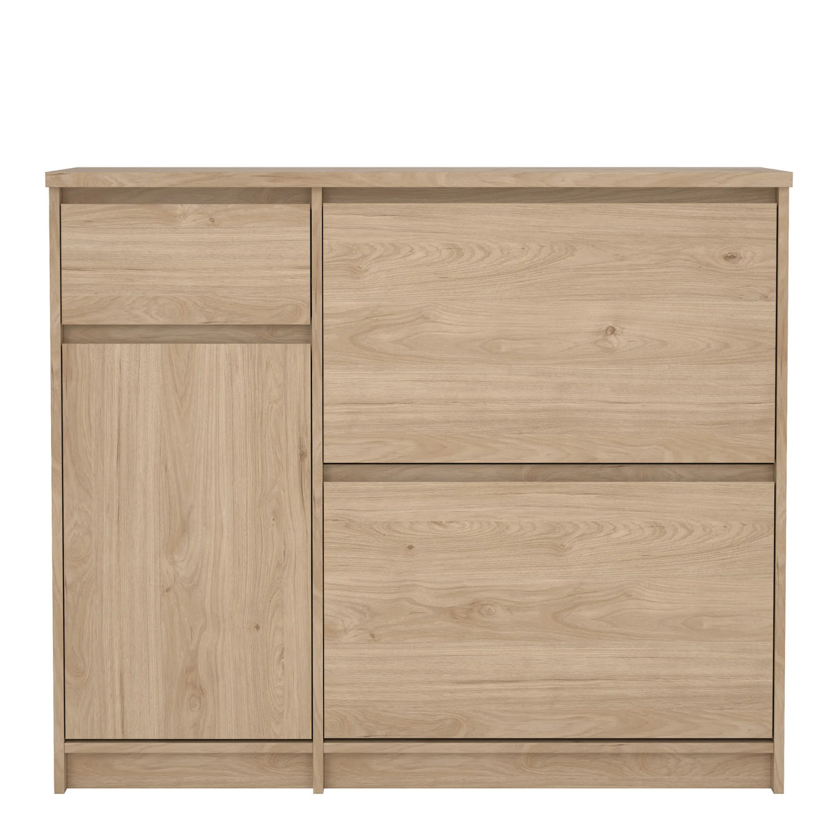 Naia Shoe Cabinet with 2 Flip Down Doors 1 Door and 1 Drawer in Jackson Hickory Oak