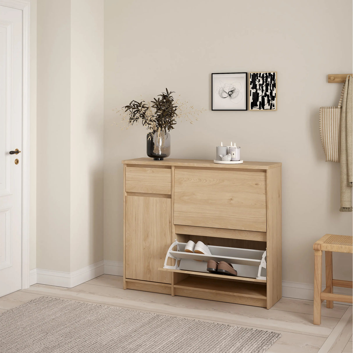 Naia Shoe Cabinet with 2 Flip Down Doors 1 Door and 1 Drawer in Jackson Hickory Oak