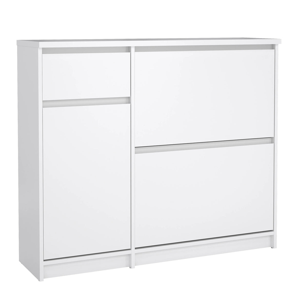 Naia Shoe Cabinet with 2 Flip Down Doors 1 Door and 1 Drawer in White High Gloss