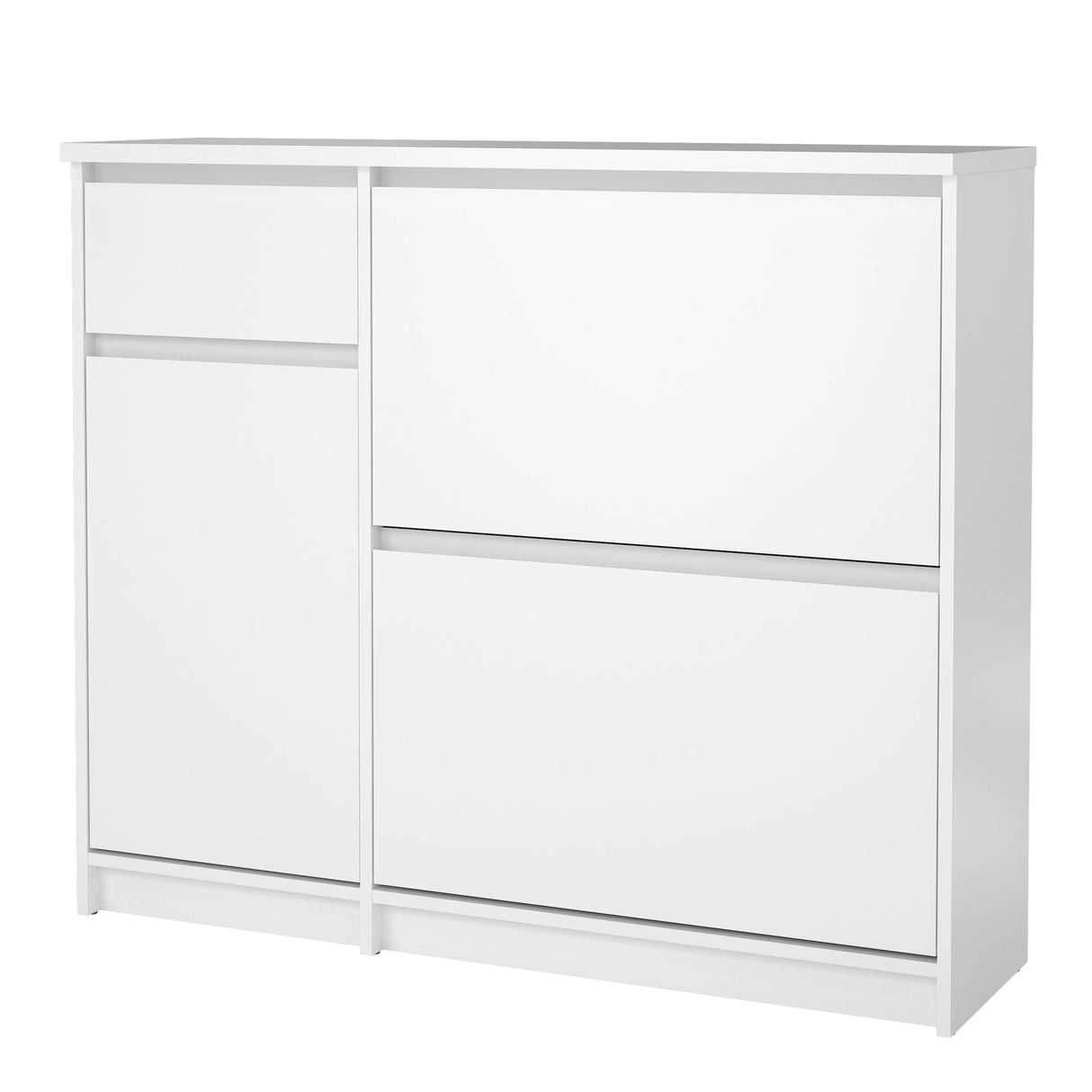 Naia Shoe Cabinet with 2 Flip Down Doors 1 Door and 1 Drawer in White High Gloss