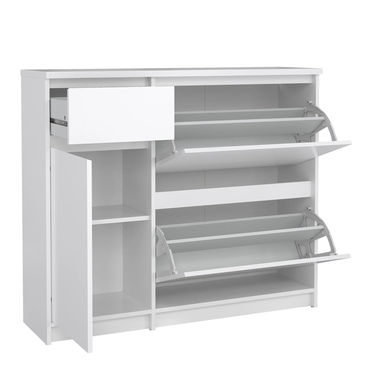 Naia Shoe Cabinet with 2 Flip Down Doors 1 Door and 1 Drawer in White High Gloss