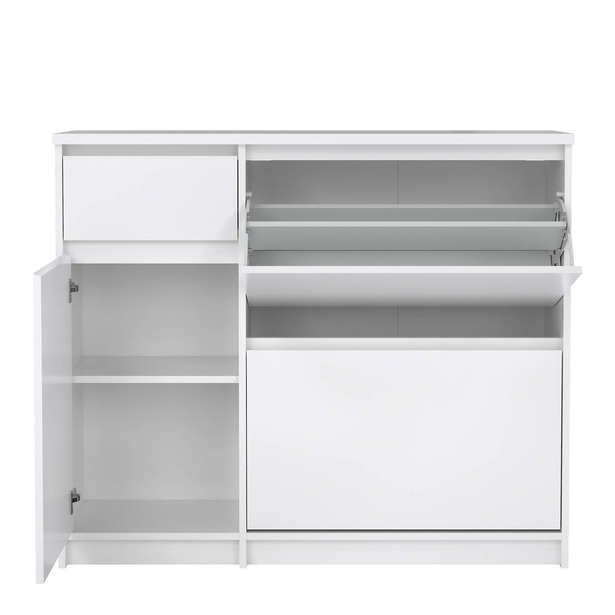Naia Shoe Cabinet with 2 Flip Down Doors 1 Door and 1 Drawer in White High Gloss