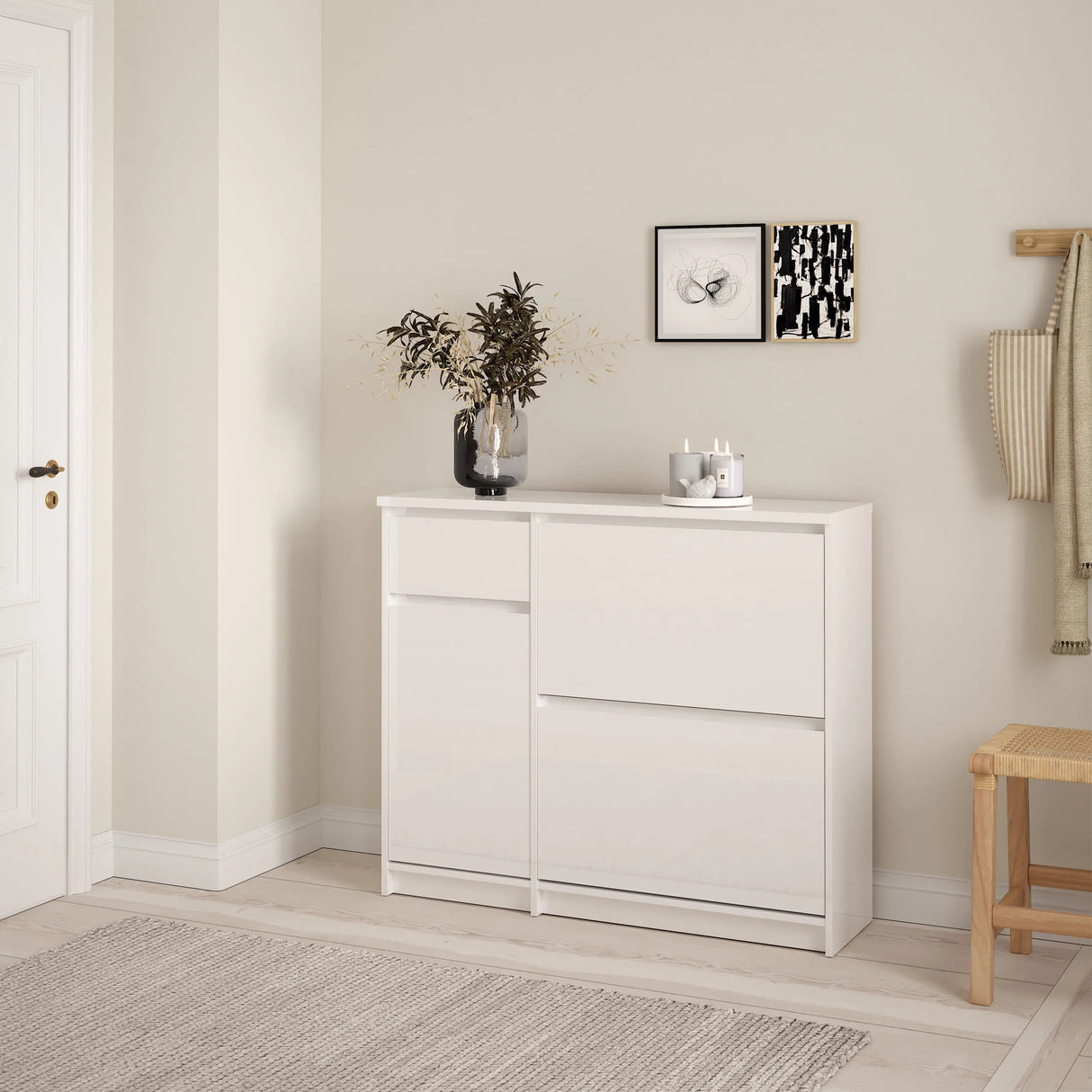 Naia Shoe Cabinet with 2 Flip Down Doors 1 Door and 1 Drawer in White High Gloss