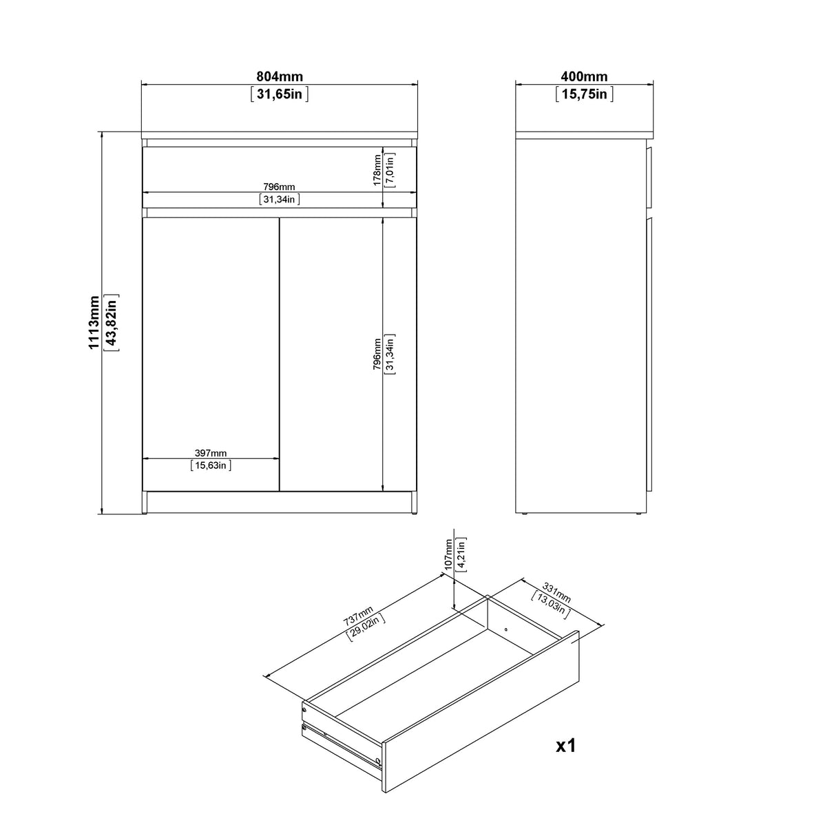 Naia Shoe Cabinet with 2 Doors +1 Drawer in Jackson Hickory Oak and white