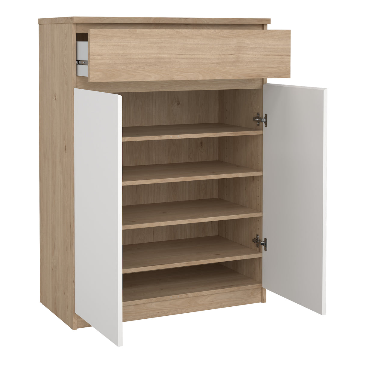 Naia Shoe Cabinet with 2 Doors +1 Drawer in Jackson Hickory Oak and white