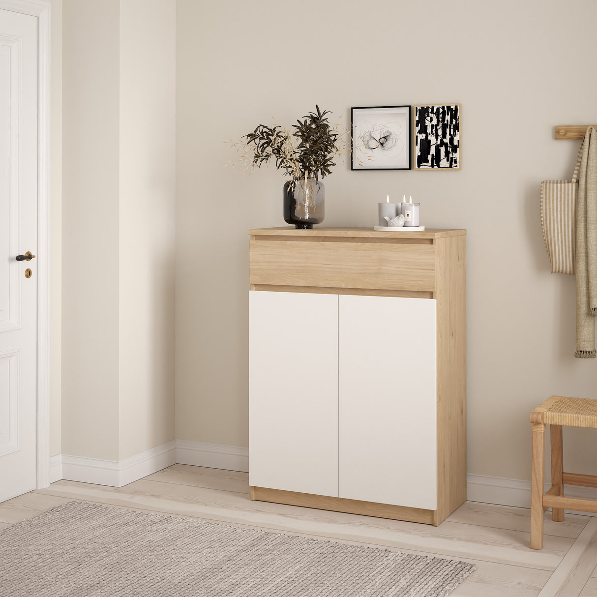 Naia Shoe Cabinet with 2 Doors +1 Drawer in Jackson Hickory Oak and white