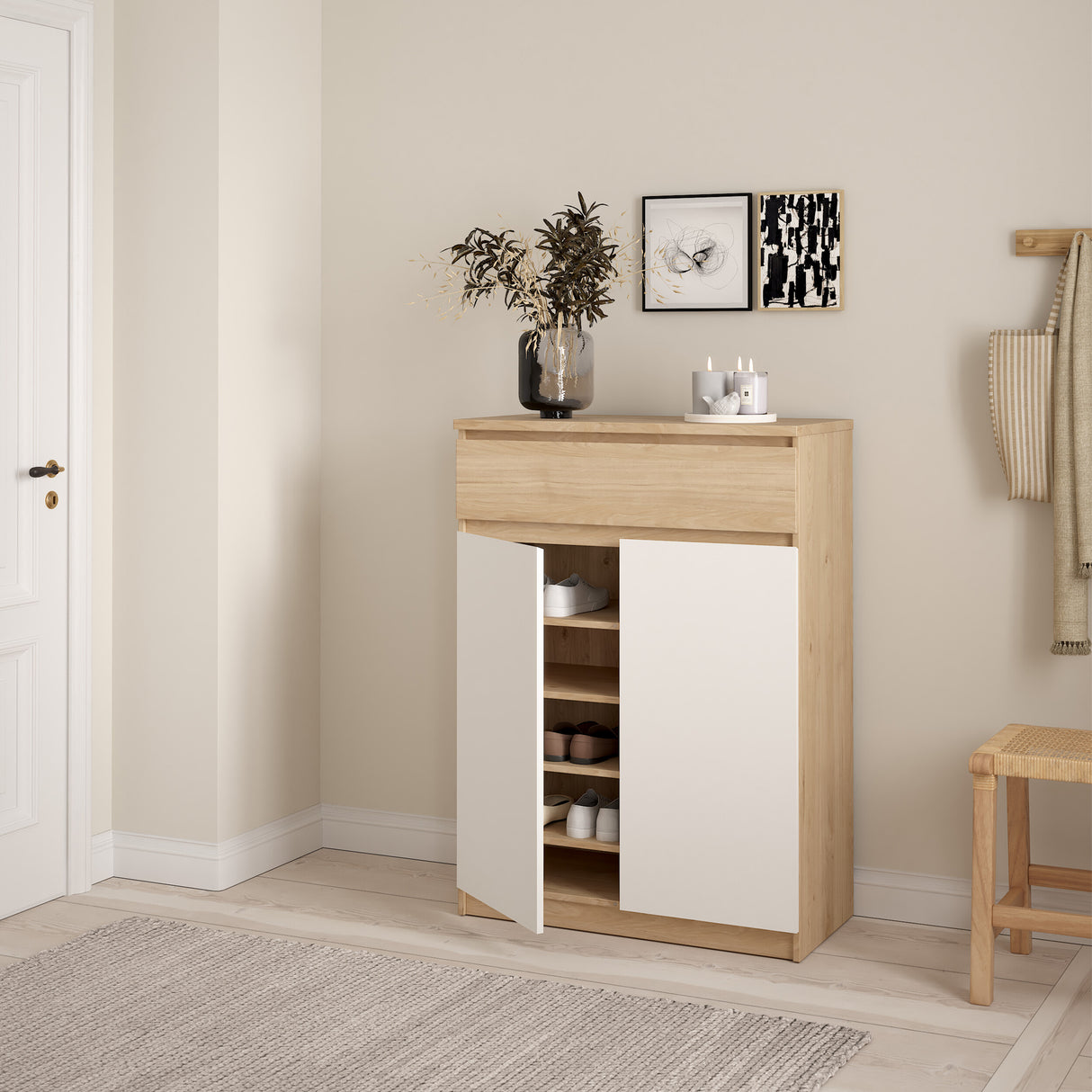 Naia Shoe Cabinet with 2 Doors +1 Drawer in Jackson Hickory Oak and white